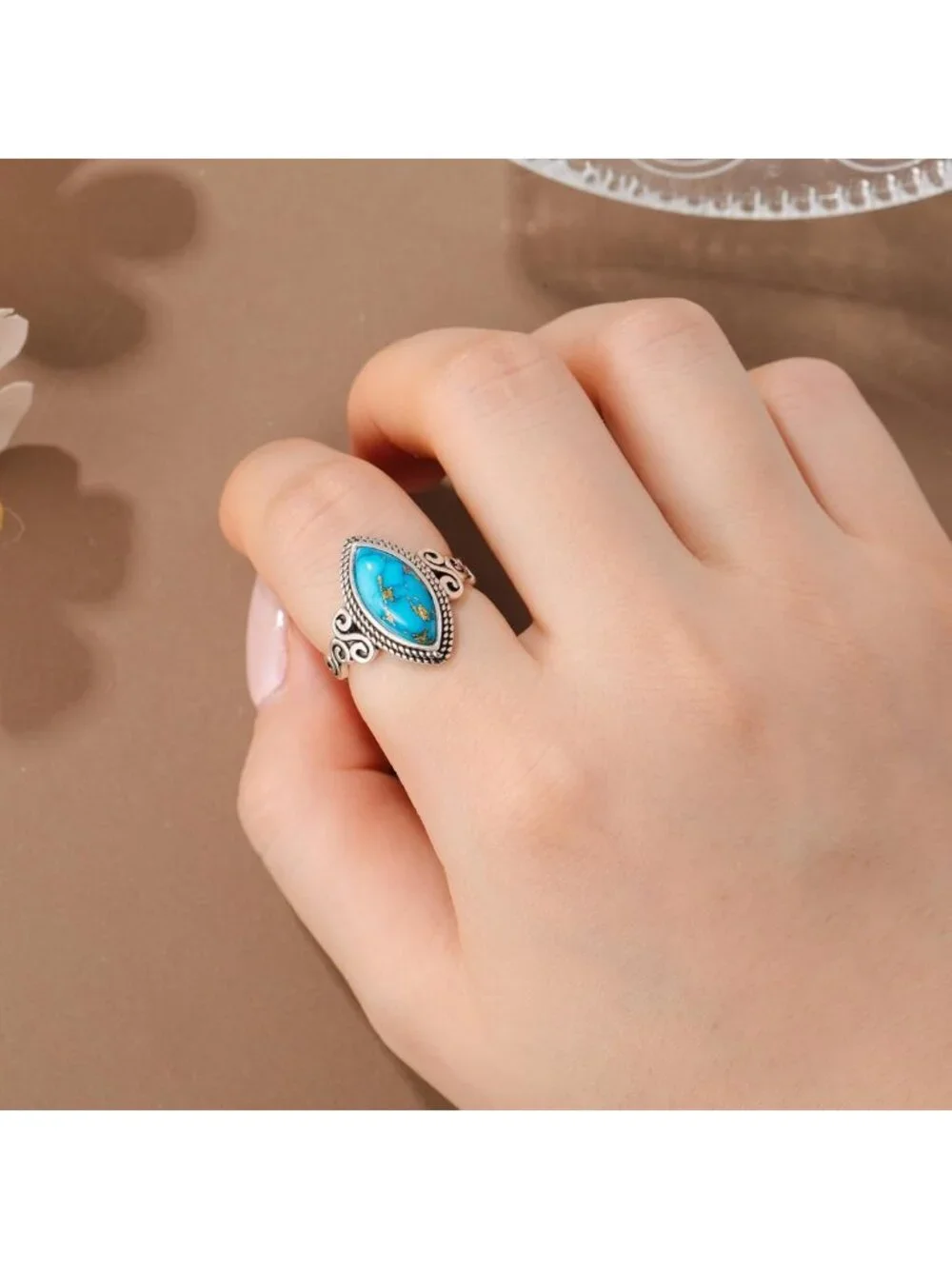 Boho Turquoise Statement Ring, 925 Sterling Silver, Vintage Infinity Design